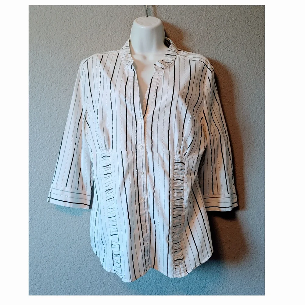 Hillard & Hanson White Blouse with Black And Silver Vertical Stripes XL - Picture 4 of 9